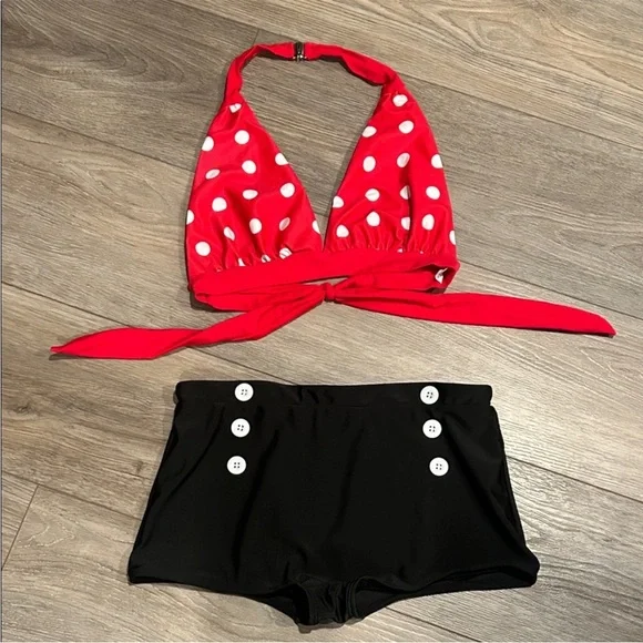 NWOT Red Polka Dot Bikini Top and Black High-Waisted Bottoms - Picture 1 of 5